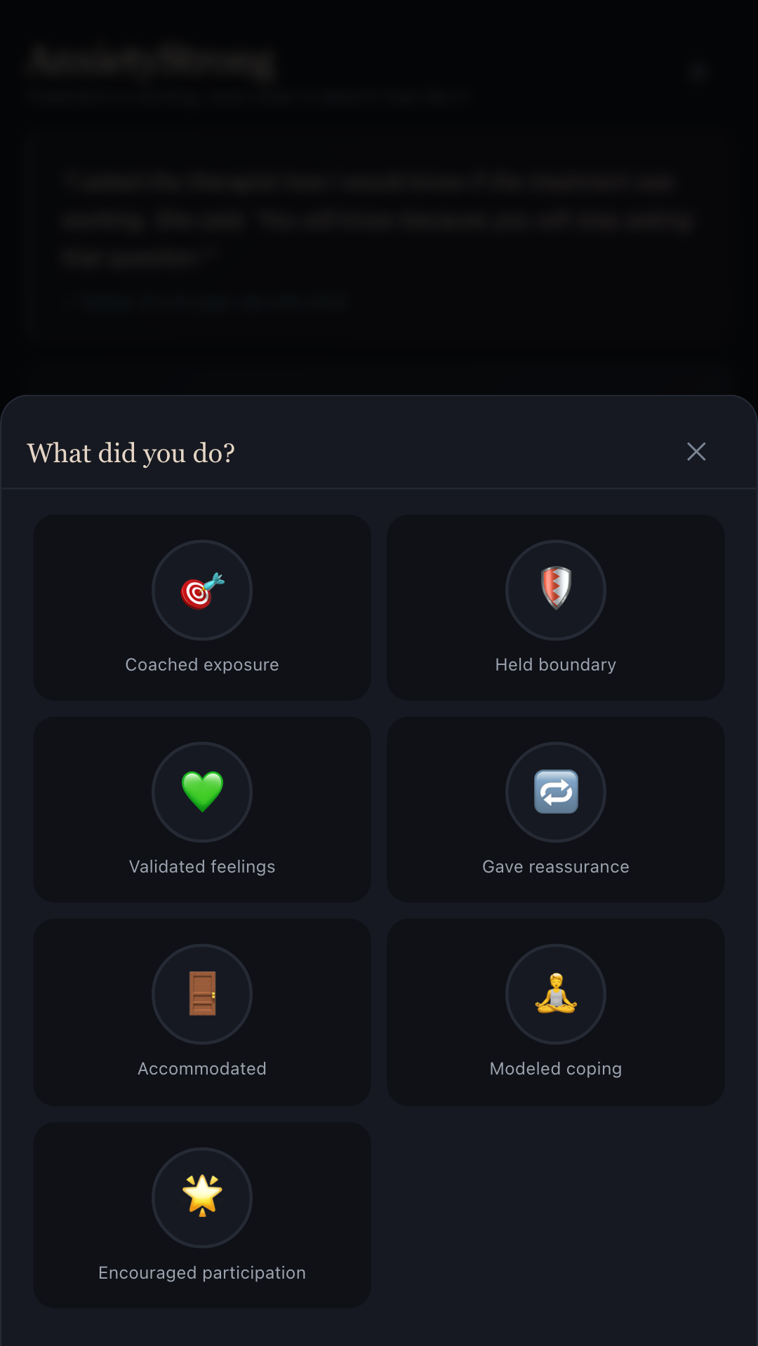 AnxietyStrong daily check-in screen with sliders for avoidance, distress, and willingness