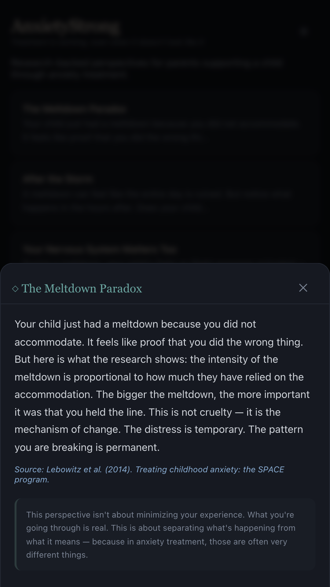 AnxietyStrong Perspective Shift screen showing a research-backed reframe after a hard moment