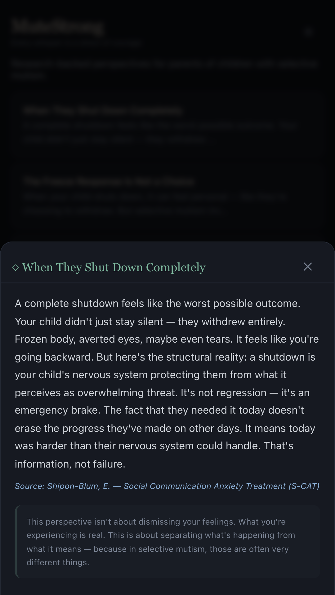 MuteStrong Perspective Shift screen showing a reframe grounded in selective mutism research