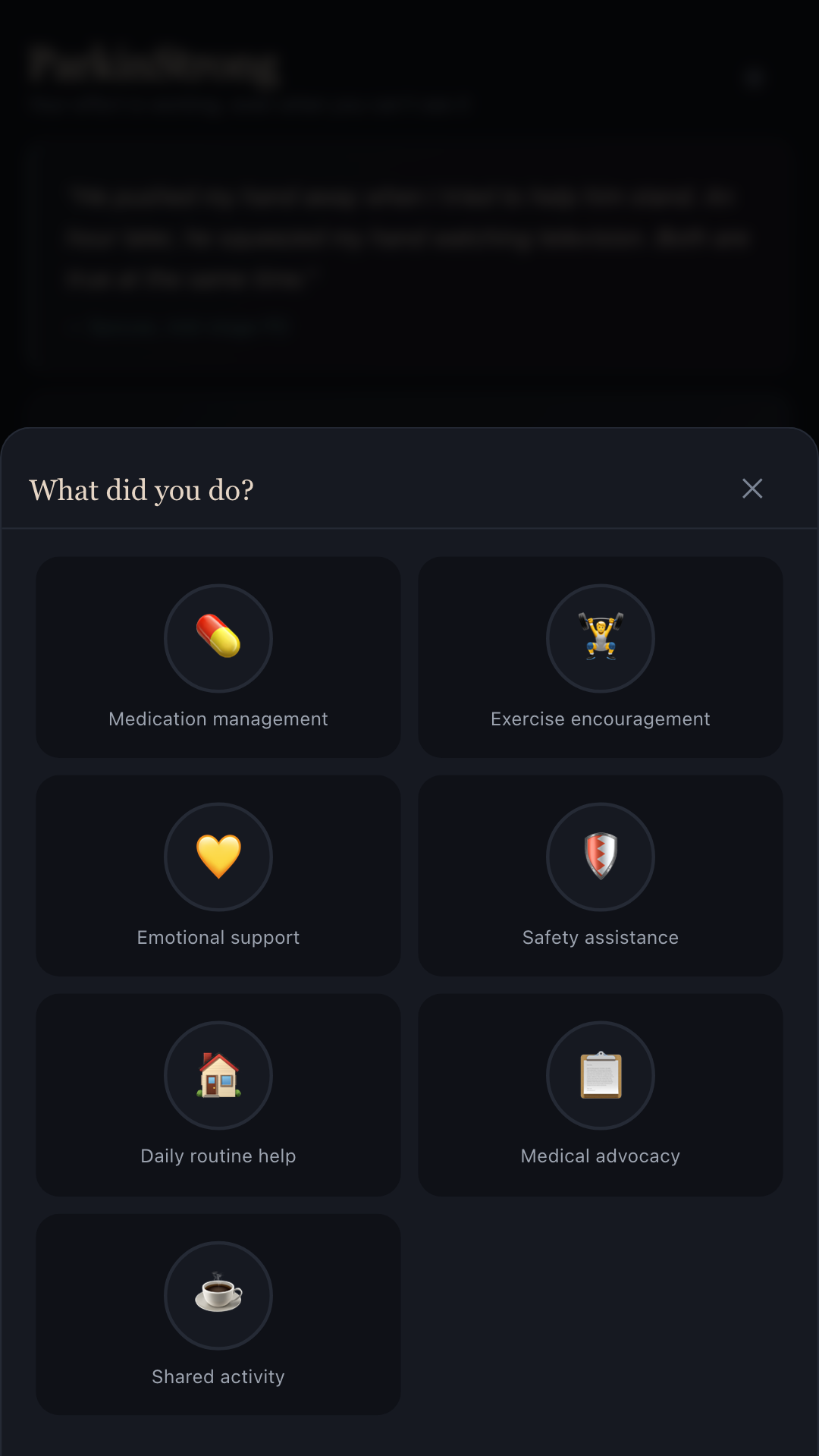 ParkinStrong daily log screen with sliders for on-periods, mobility and caregiver load