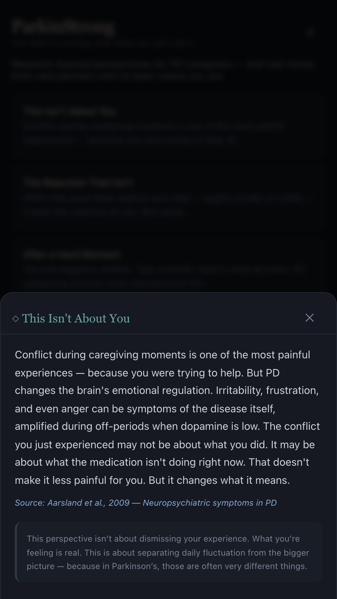 ParkinStrong Perspective Shift screen showing a research-backed reframe for a Parkinson's care partner