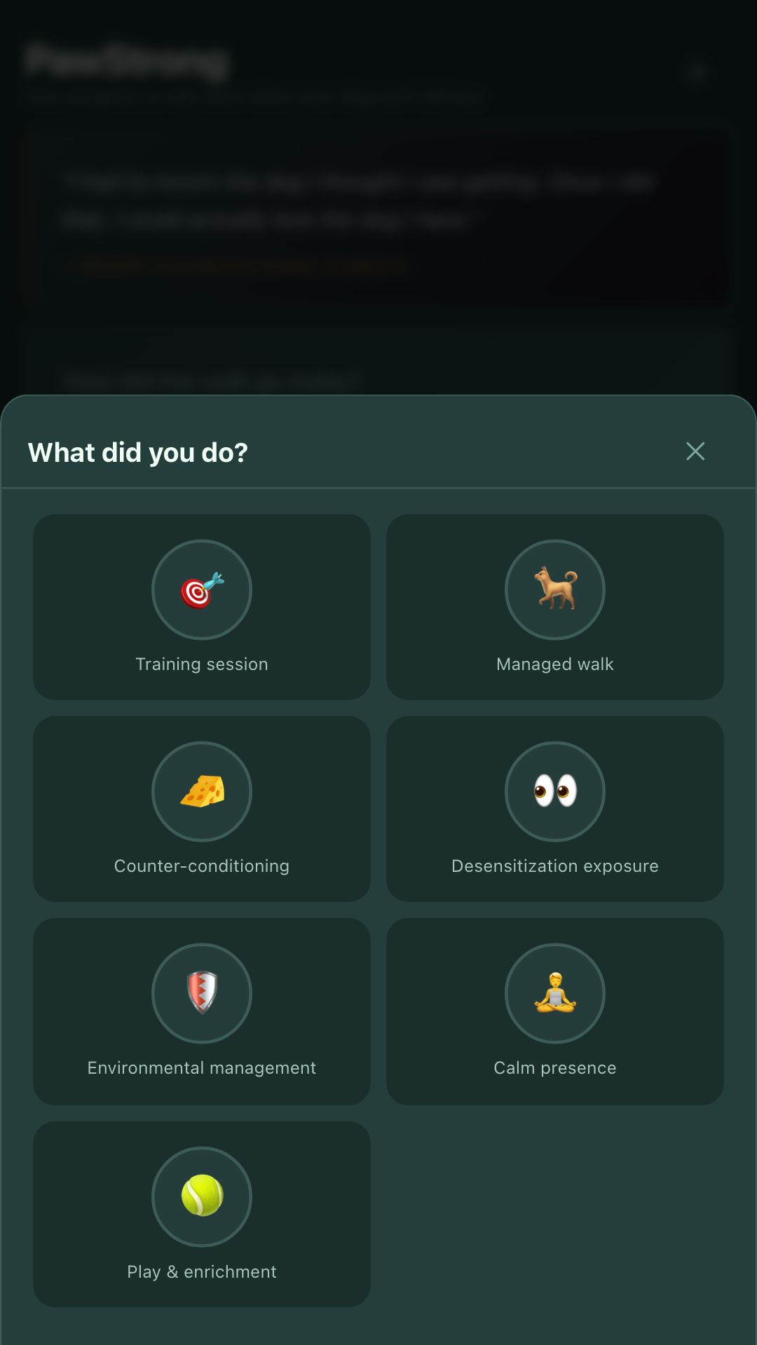 PawStrong daily log screen with sliders for triggers, threshold and owner stress