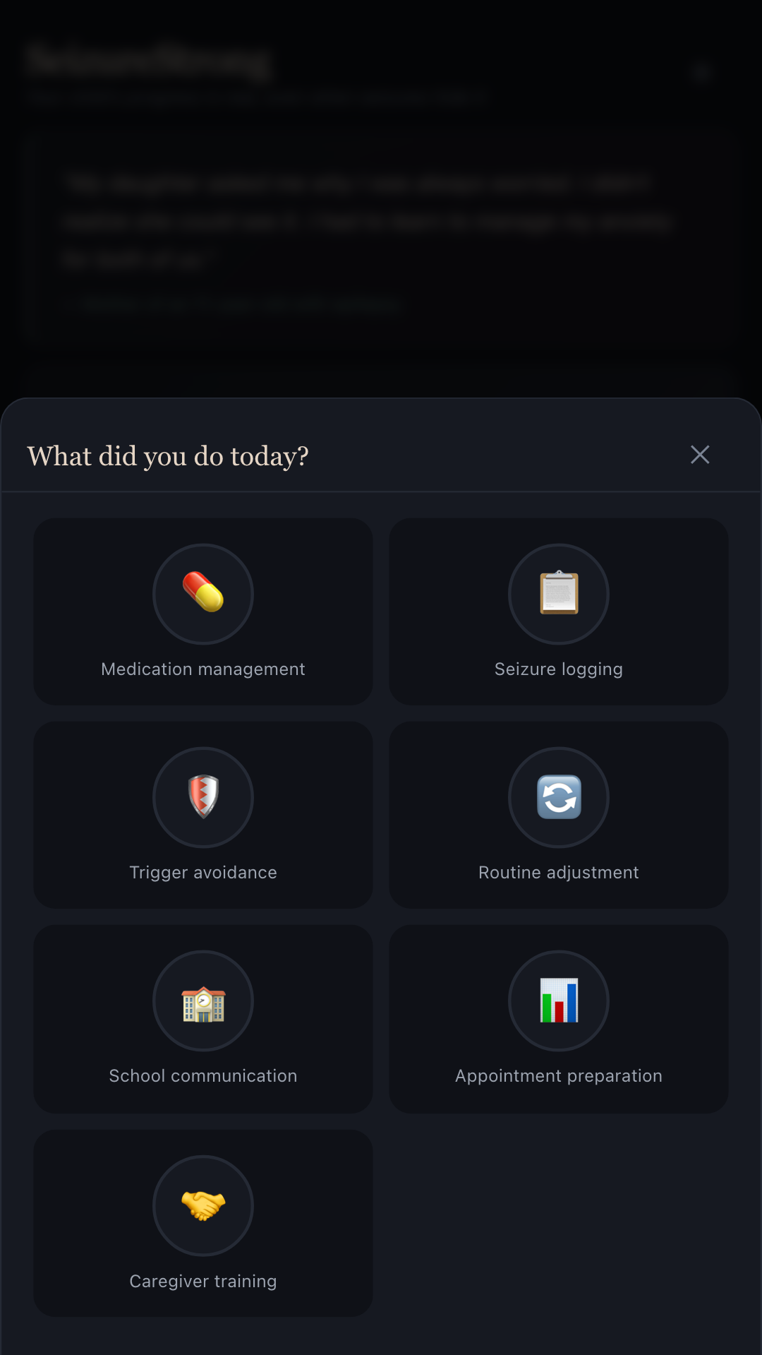 SeizureStrong daily log screen with sliders for sleep, triggers and event markers