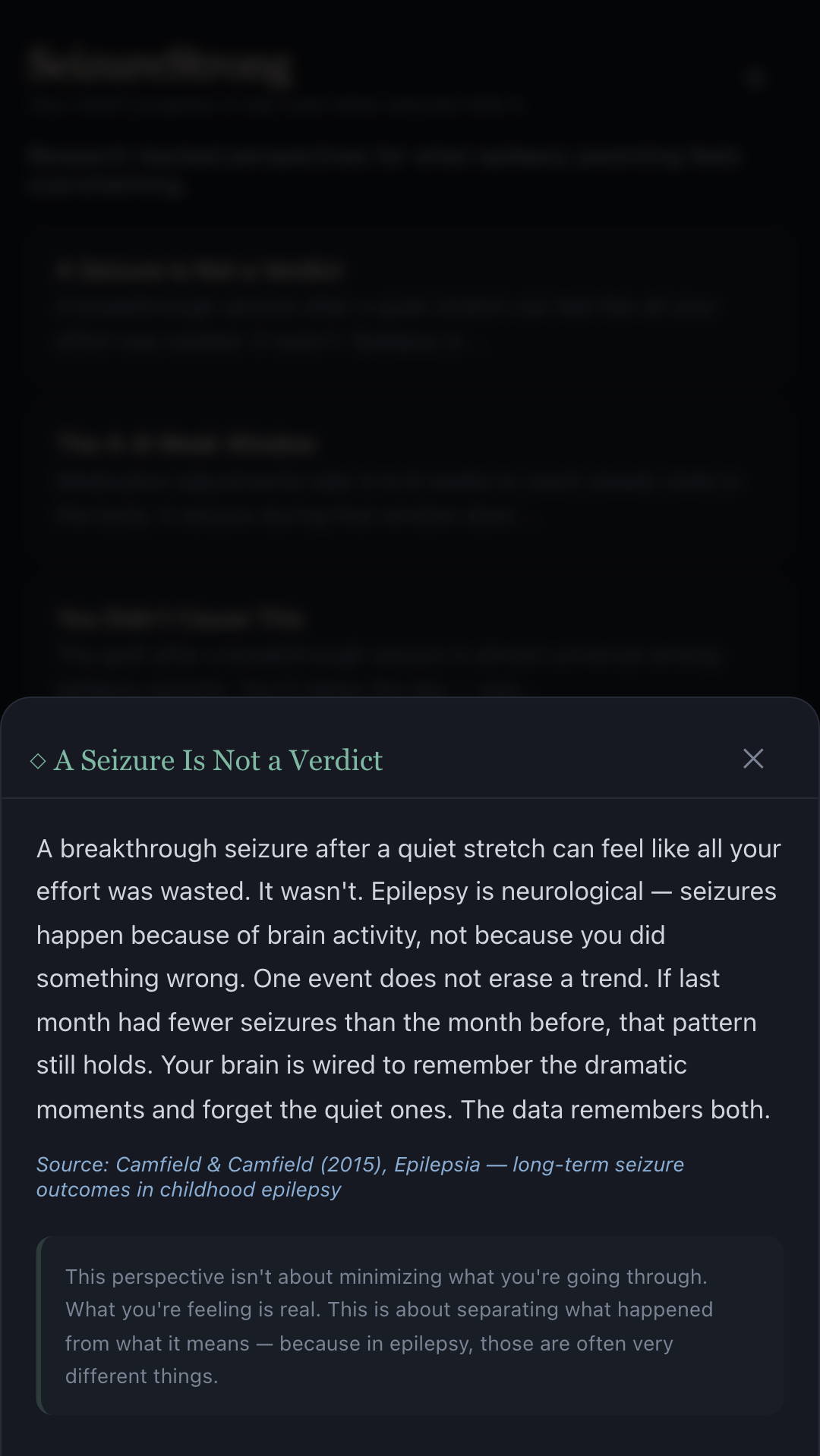 SeizureStrong Perspective Shift screen showing a reframe grounded in epilepsy research