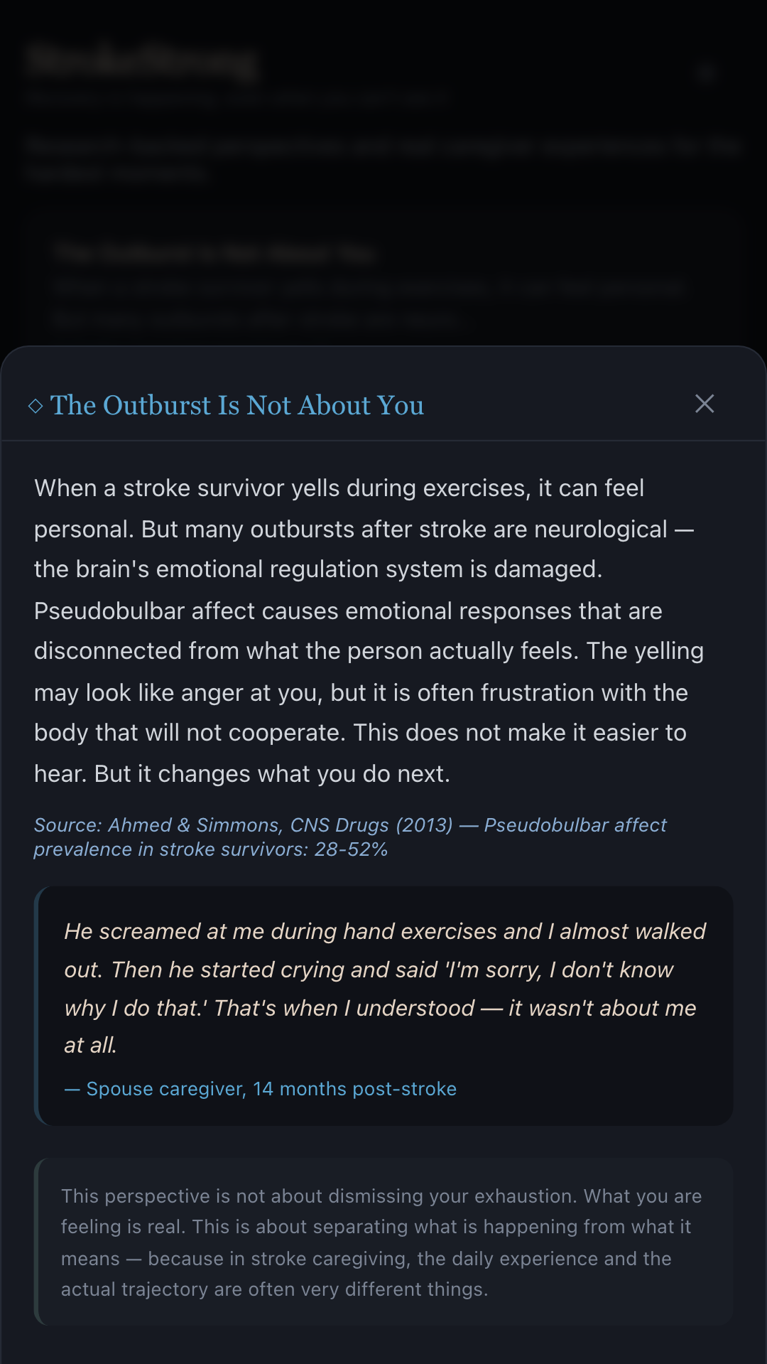 StrokeStrong Perspective Shift screen showing a research-backed reframe for a stroke caregiver